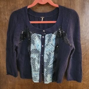 Free People Dark Blue  Cardigan Sweater With Dark/light Blue Beading